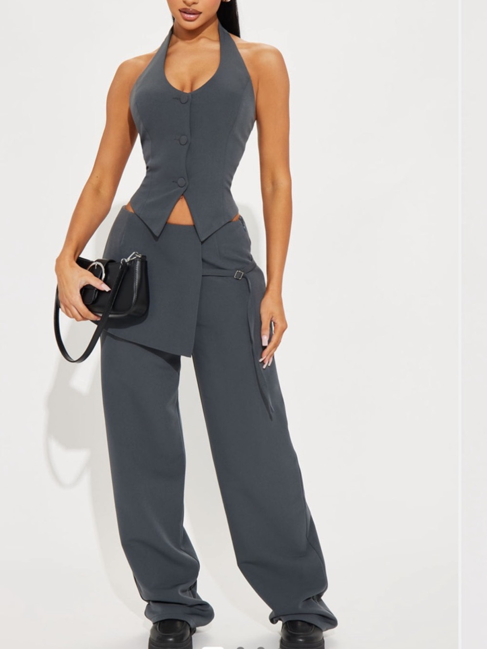 Fashion Nova Charcoal Halter Vest & Wide-Leg Pant Set